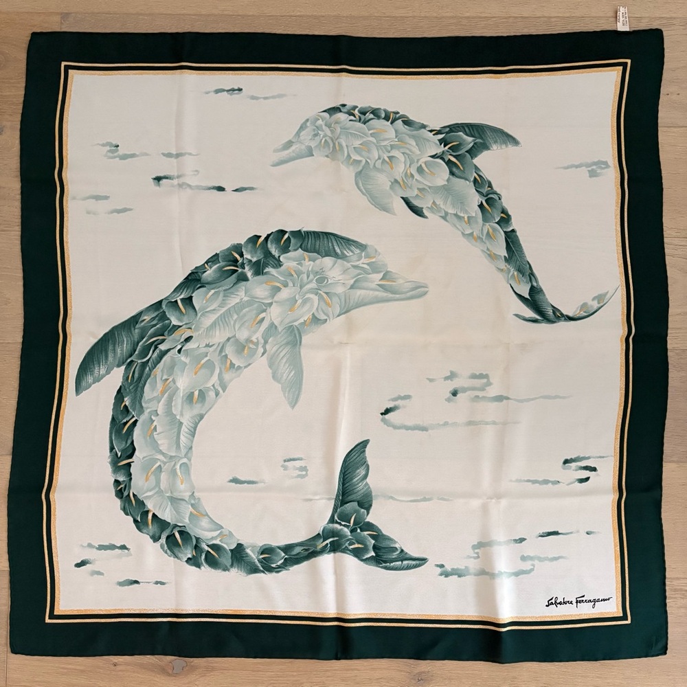 Vintage Salvatore Ferragamo Green and Cream Scarf